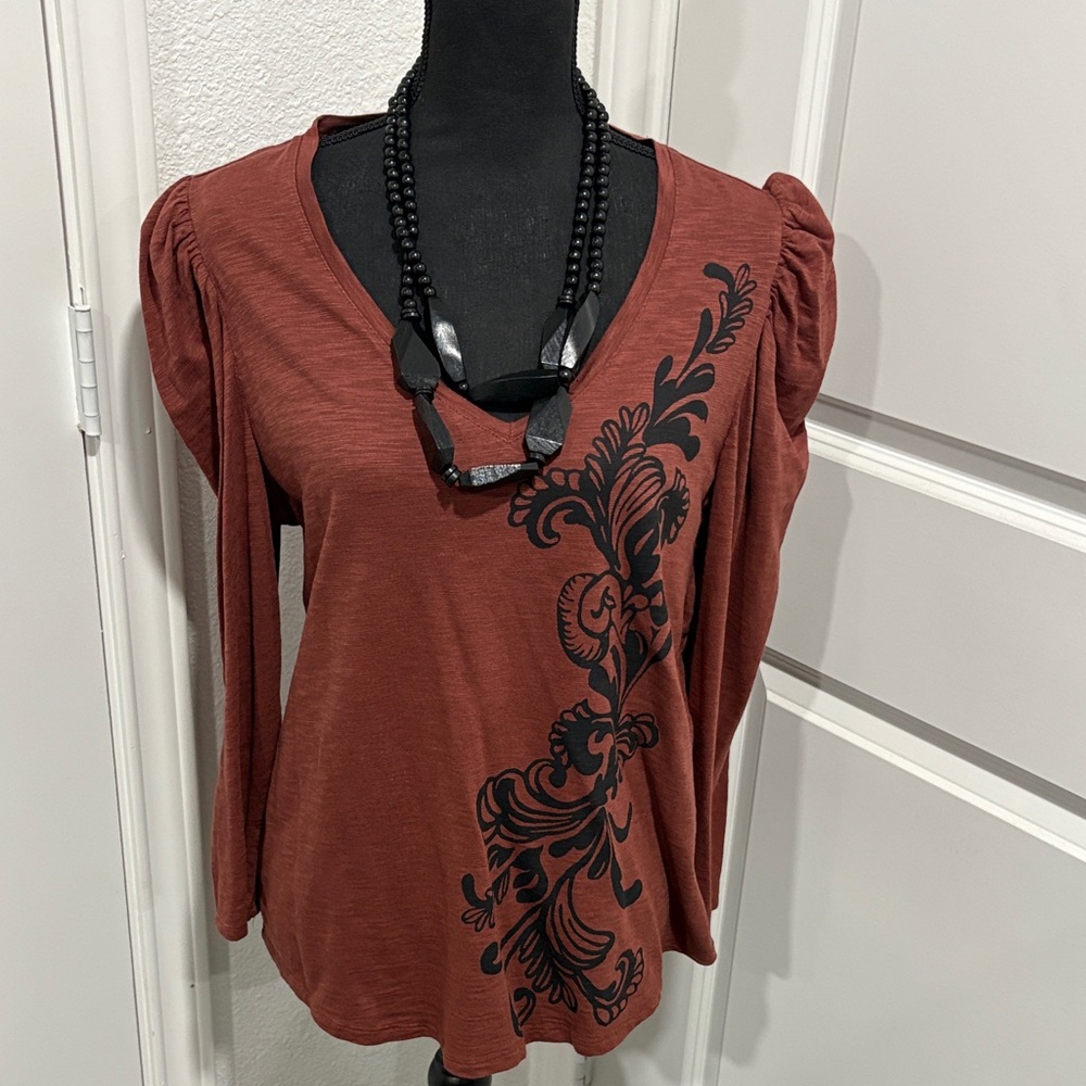 Chico's Rust Long Sleeve Top with Black Floral Design